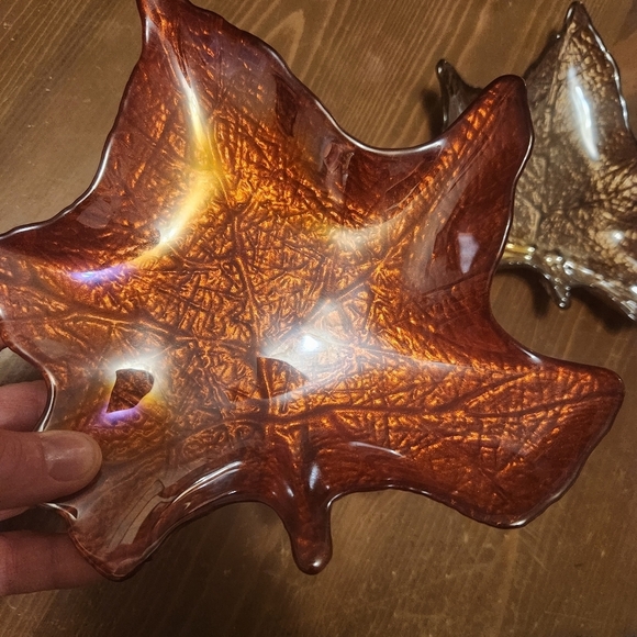 Lot Of 4 Maple Leaves Art Glass Candy Dish Container Fall Autumn 8" Coin Dish - Picture 3 of 13